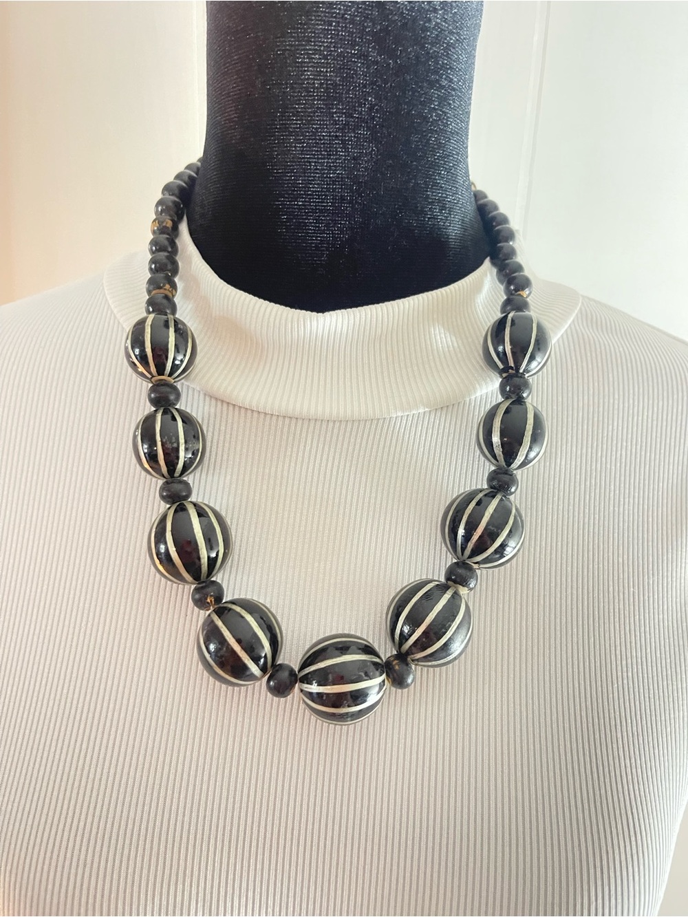Vintage Black and white Striped wood Bead Necklace